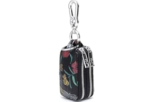 Aileder Key Case Holder Genuine Leather Car Keyring Key Pouch Hand Painted Flowers Keychain Wallet for Women Ladies Double Zipper Keyring Purse