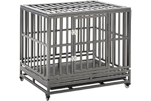 KELIXU Heavy Duty Dog Crate Large Dog cage Dog Kennels and Crates for Large Dogs Indoor Outdoor with Double Doors, Locks and Lockable Wheels, 96 cm LX 65 cm W X 82 cm H