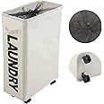 AMERTEER 22" Rolling Slim Laundry Basket With Handle On Wheels,1-Pack Large Laundry Basket, Waterproof Foldable Laundry Hamper, Collapsible Laundry Sorter And Organizer, Tall Storage Basket Bin, Beige