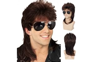 Qnbiar Herren Vokuhila Perücke Braun Lockig 70er 80er Cosplay Kostüm Halloween Perücke Retro Disco Punk Rocker Perücken