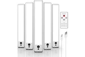 EZVALO Under Cabinet Kitchen Lights, 5 Pack of 5300K Dimmable Wireless Motion Sensor Lights Indoor with Remote Control, 23 cm USB-C Rechargeable LED Night Lights for Kitchen,Wardrobe and Cupboard