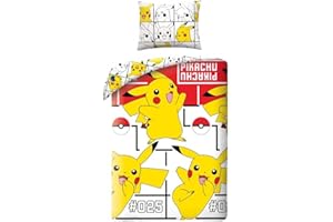 HALANTEX Komplet pościeli Pikachu 100% bawełna, poszwa na kołdrę Pokemon 140x200 cm + poszewka na poduszkę