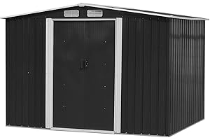 COZYBRITE Garden Storage Shed Metal 8 x 6 FT Outdoor Box with Base 4 Vents Lockable Sliding Doors Sloped Apex Roof for Patio Backyard Bike Tool All-Weather (Grey)
