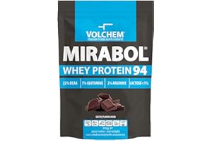 Volchem Mirabol Whey Protein 94, Integratore Alimentare con Proteine del Siero del Latte, 22% Aminoacidi Ramificati, con Arginina e Glutammina, Busta con Polvere Solubile, Gusto Cioccolato, 500 g