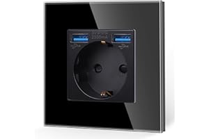 JIMEIDA Toma de corriente individual con USB negro, 16 A, toma Schuko de cristal carga rápida, conector USB máx. 2,1 A, empotrable, protección de contacto, toma de pared 86 mm, 250 V, 1 compartimento