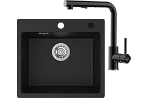 CECIPA Fregadero de cocina de granito, negro, 50 x 45 cm, 1 lavabo, 80% arena de cuarzo, incluye sifón y sobre
