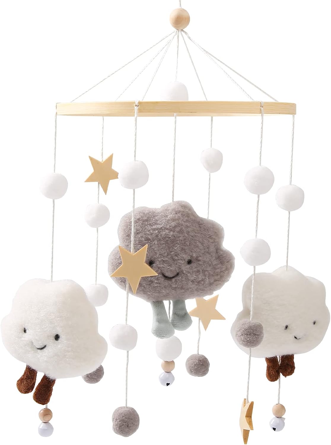 Promise Babe Mobile Baby Wooden Star Clouds Felt Balls Room Hanging Bed Bell Crochet Wind Chime Newborn Kids Pendant Crib Changing Table Deco Moon Mobile, Smalll Grey