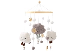 Promise Babe Baby Mobile for Cot,Cute Wooden Star Clouds Baby Mobiles Felt Ball Cot Mobiles Nursery Wooden Crochet Mobiles Newborn Boy Girl Bed Bell Wind Chimes Hanging Deco Nursery Mobiles for Babies