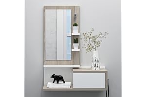 HOMIDEA ENKI Mobili ingresso sospesi - Mobile da corridoio - Armadietto a specchio - Pensile per ingresso con cassetto, specchio e mensola in stile moderno (Bianco/Avola)