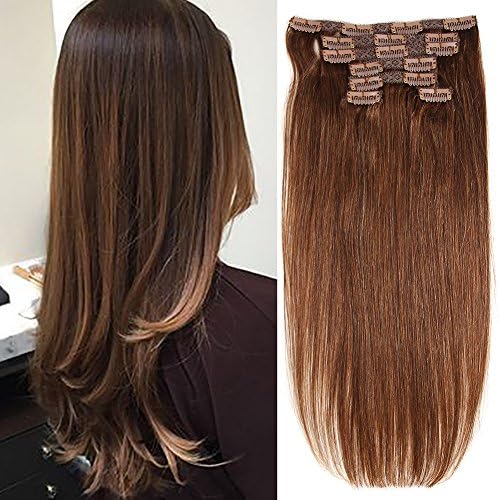 Cateray Human Hair Clip In Extensions 14”- 20” 80 Grams/2.82oz 7 Pieces 16 Clips Unprocessed Virgin Hair Straight Color 6# (16inch)