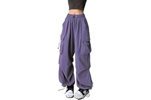 XKBHYD Womens Parachute Pants Y2K Baggy Cargo Pants Gothic Elastic Waist Harem Pants Cargo Pockets Grunge Punk Trousers