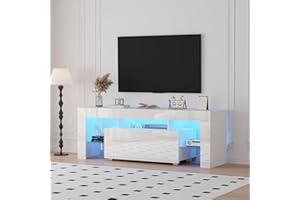 QIHANG-UK TV Cabinet, TV Unit Stand with LED Lights, Modern High Gloss TV Table Stand, Living Room Entertainment Center with 1 Drawer for 32"-65 inch, 130cm Media Center with Storage (White)