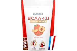 NUTRI & CO BCAA en poudre 4.1.1 enrichi en EAA - Acides Aminés Prise de Masse & Récupération Musculaire - Leucine, Isoleucine, Valine - Vitamine B6 - Boisson - 225g Saveur Pêche - 25 portions Vegan