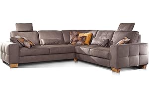 ‎CAVADORE Cavadore Ecksofa Puccino mit Federkern, Bettfunktion, verstellbarer Rückenlehne und 2 Kopfstützen / Sofa gleichschenklig in L-Form im Landhaus-Design / 276 x 86 x 271 cm / Mikrofaser hellbraun