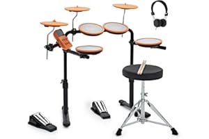 GEAR4MUSIC VISIONDRUM Batería electrónica compacta de malla con auriculares y taburete para niños y adultos, naranja