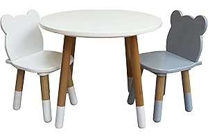 Stepup Baby Juego de mesa y sillas para niños, juegos de sillas de madera para niños pequeños con 2 sillas en forma de oso para edades de 2 a 5 años, redondas, fáciles de montar, ideal para artes