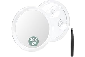 Auxmir Espejo de Aumento 30X 15cm con 3 Ventosa, Espejo de Maquillaje para Pared Baño, Espejo Portátil Redondo para Viaje, Transparente