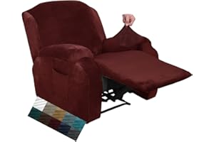CHELZEN Velvet 4 Piece Recliner Cover Stretch Soft Cover for Recliner Chair Thick Soft Recliner Chair Slipcover (Recliner, Wine Red)