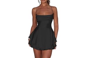 Acrawnni Women Satin Backless Mini Romper Dress Cowl Neck Tie Ruffle Layer Spaghetti Strap Cami Playsuits Jumpsuit Mini Dress with Shorts