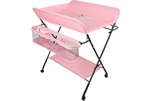 Belfoyer Tavolo fasciatoio pieghevole con cinghia di sicurezza e piastre di protezione, 4 in 1, regolabile in altezza (rosa)