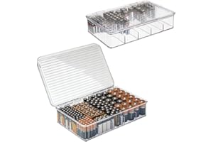 mDesign Zestaw 2 pojemników na baterie, przeno?ne pude?ko do przechowywania baterii AA, AAA i innych, pude?ko do uk?adania w stos, z pokrywk? na baterie i ?adowark?, idealne do biura i gara?u,