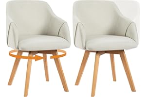 Bekrvio Swivel Dining Chairs Set of 2 with Arms, 360° Rotating Upholstered Chairs with Wide Padded Seat, Breathable Linen Fabric & Solid Beech Wood Legs for Kitchen & Dining Room
