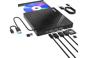 AGPTEK 8 in 1 External CD/DVD Drive, USB 3.0 Ultra Slim Portable CD Burner with 4 USB Ports and 2 TF/SD Card Slots, External DVD Drive Compatible with Laptop, Mac, PC, Windows 11/10/8/7 Linux