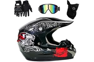 UIGJIOG Motocross Motorcycle Helmet ,Kinder Downhill Fullface Helmet Crosshelm Schwarz Herren Fullface Helm MTB DOT-Zertifizierung Inklusive Brille, Handschuhe Und Masken Set
