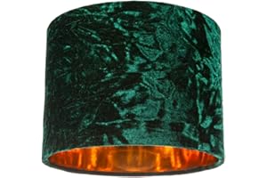 Modern and On-Trend Forest Green Crushed Velvet Fabric 8" Table or Pendant Circular Drum Lampshade with Shiny Copper Inner - 40watt Maximum | Perfect for Residential or Commercial by Happy Homewares