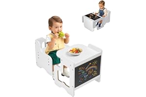 VEVOR Set Tavolo e Sedia per lo Svezzamento Montessori, Tavola e Sedia in Legno per Bambini Piccoli, Sgabello Regolabile Altezza 340 mm, Sgabello Tavolo per Leggere, Mangiare, Bianco