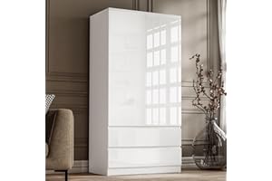 Blisswood High Gloss Wardrobe for Bedroom – White 2 Door & 2 Drawers Wooden Wardrobe with Hanging Rail, Modern Double Clothes Storage Cupboard Unit for Bedroom Furniture