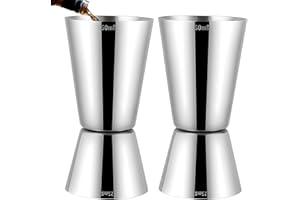 Delgeo Misurino Doppio per Cocktail in Acciaio Inossidabile, Bilancia Incorporata, Misurino per Bevande Barista Professionale,confezione da 2(Argento,25 x 50ml)