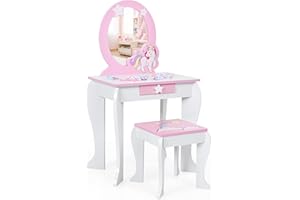 LIFEZEAL Set Toeletta di Unicorno per Bambini con Sgabello e Specchio Rimovibili in Stile Principessa, Tavolo Cosmetico per Ragazzi in Legno, Tavolo da Trucco per Camera da Letto (rosa)