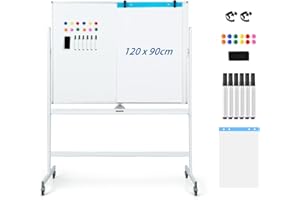 ‎GOPLUS GOPLUS Whiteboard magnetisch mit Ständer, doppelseitiges Whiteboard mit Zubehör Set, Trocken abwischbar, mobiles Schreibtafel höhenverstellbar, für Schule, Büro, Zuhause (120 x 90cm, Weiß)