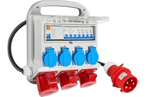 Herrselsam Distributore di corrente, 2 x CEE 16A/400V CEE 32A/400V 4 x 230V Schuko 5 poli con interruttore RCCB, con interruttore di protezione, con cavo da 1,2 m, cantiere interno esterno
