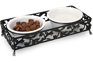 Navaris Portaciotole x2 Ciotole in Ceramica - Portaciotola in Metallo per Cibo e Acqua Cane e Gatto - Pet-Feeder x2 Scodelle Design Rustico Classico