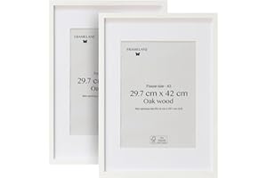 Framelane Lot de 2 cadres en bois A3 29,7x42 cm blanc - Cadre élégant en chêne blanc - Finition haut de gamme - Fabriqué en bois durable certifié FSC - Inclut un chevalet et des clips métalliques