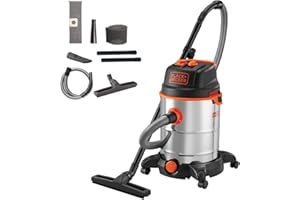 BLACK+DECKER BXVC30XTDE Odkurzacz do ciał stałych i płynnych z gniazdem do elektronarzędzi (1600 W, 30 litrów)