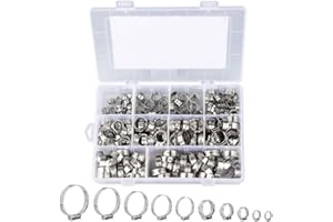 Outigu 200 abrazaderas de manguera de acero inoxidable 304 de una sola oreja: kit surtido con 10 tamaños (7-21 mm) para tuberías de agua, fontanería y uso automotriz