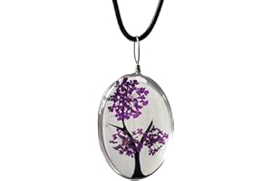 ZEN&TAO Oval Transparent Dried Flowers Pendant Women Necklace with Black Cord Chain Gift for All Occassions