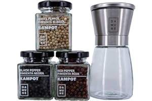 DAMUNE Pepe in Grani di Kampot Premium: Nero (60g), Rosso (60g) e Bianco (60g) con Macinapepe