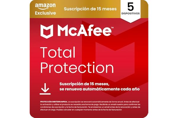 McAfee Total Protection para 5 Dispositivos 2026, 15 meses, Exclusivos de Amazon | Antivirus, VPN, software de seguridad | Suscripción con renovación automática | Descargar
