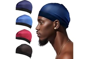 OUDQFCJ Lot de 4 bonnets ondulés soyeux, bande élastique, en satin homme, wave cap pour cheveux nuit homme et femme, pour le sommeil et la douche (Noir, bleu clair, bordeaux et bleu foncé)