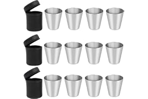 CYH191 12 Stück Edelstahl Schnaps-Becher Set - 30ml Shot-Gläser aus Metall - Flachmann Becher mit Leder Tasche - Tragbar Metallbecher Schnaps-Gläser Set für Outdoor Camping Wandern Picknick Reisen