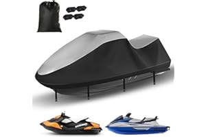 GRABADO Jet Ski Cover,Durable 420D Jetski Cover 3 Seater Waterproof,Upgraded Waverunner Cover with 2 Air Vents，4 Windproof Buckles,All Weather Universal Cover for Seadoo (Silver-Black, XXL:121"-135")