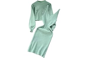 hjinlinw Rippenstrick Kleid Damen,Bodycon 2 Teiliges Sweater Strickkleid Minikleid,Strickkleid Zweiteiliger Anzug Pullover,Winterkleid Elegant Hohe Elastizität,Strickkleid Damen Herbst Lang