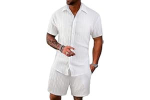 HOEFIRM Men's Tracksuit Set 2-Piece Suit Trousers Polo Shirt Button Short Sleeve Beach Joggers Gym Top Casual Running Sports Sweat Activewear