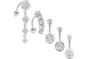 LAURITAMI 3-5pcs 14G Acciaio Inossidabile Reverse Piercing Ombelico Anelli for Donne CZ Pietra Cristallo Argento Corpo Piercing Gioielleria