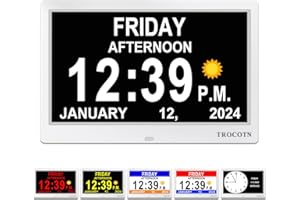 TROCOTN Zegar z demencją, duży zegar cyfrowy dla seniorów, duży wyświetlacz z niestandardowymi alarmami, zegar ścienny z dniem i datą, budzik, zegar biurkowy (25 cm biały)