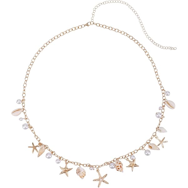 Chaîne De Taille Coquillages étoiles De Mer - Bijou Ventre Ajustable 71+20 Cm, Or, Pour Maillot De Bain Tenue été